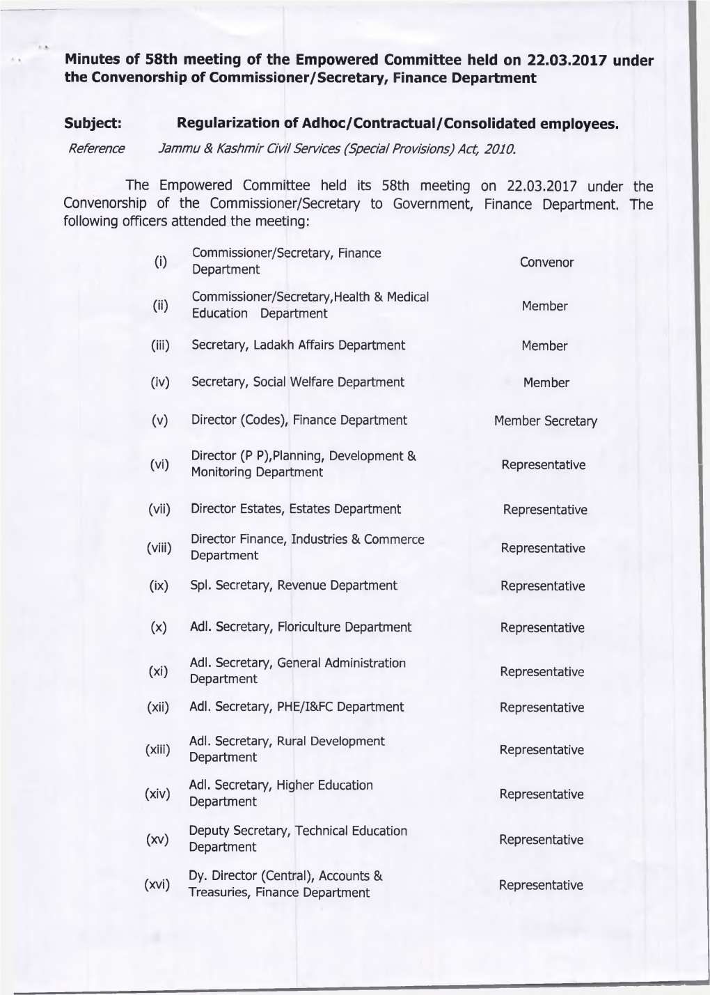Minutes of 58Th Meeting of Empowered Committee Dated 22.03