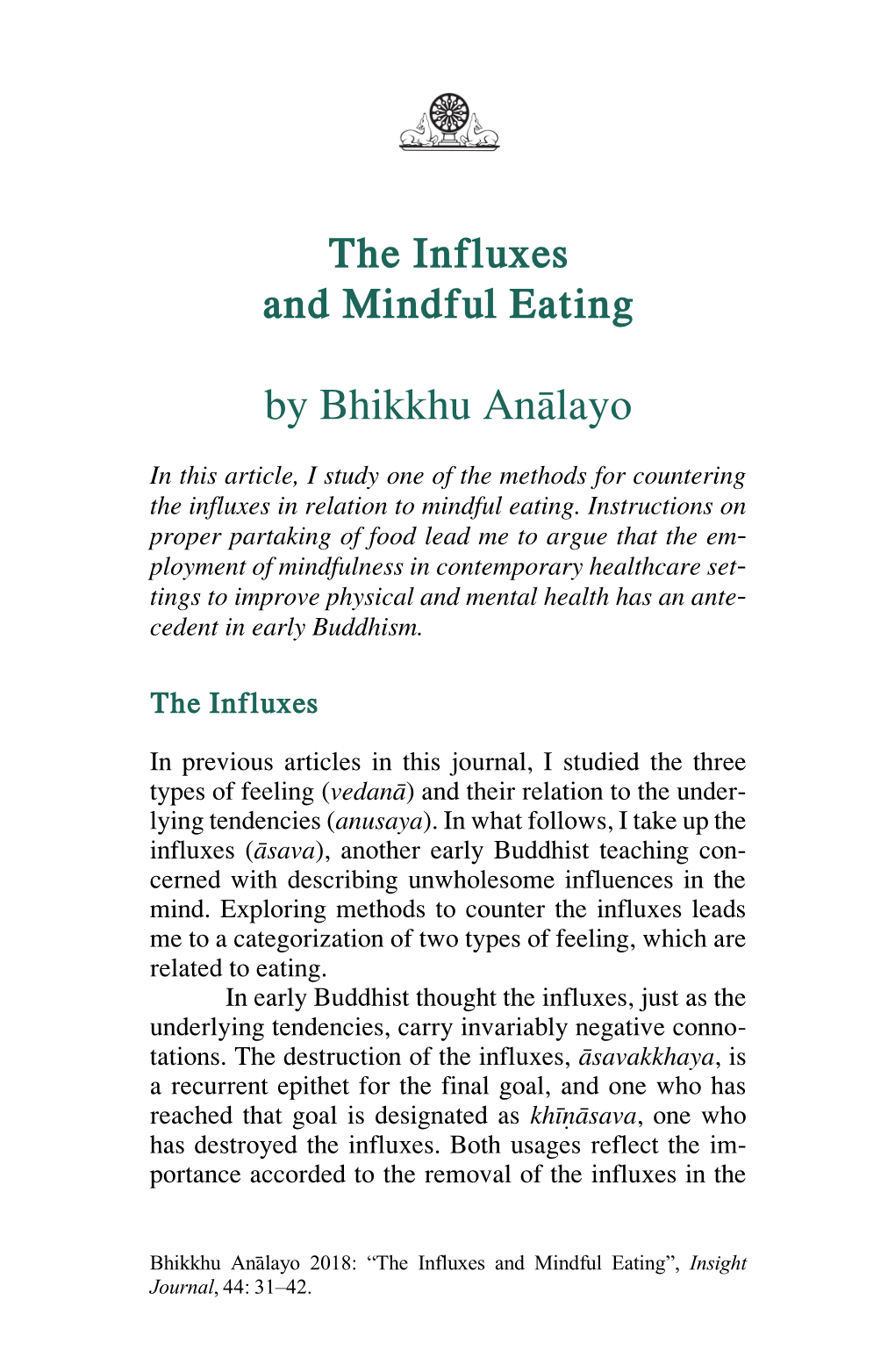 The Influxes and Mindful Eating by Bhikkhu Anālayo