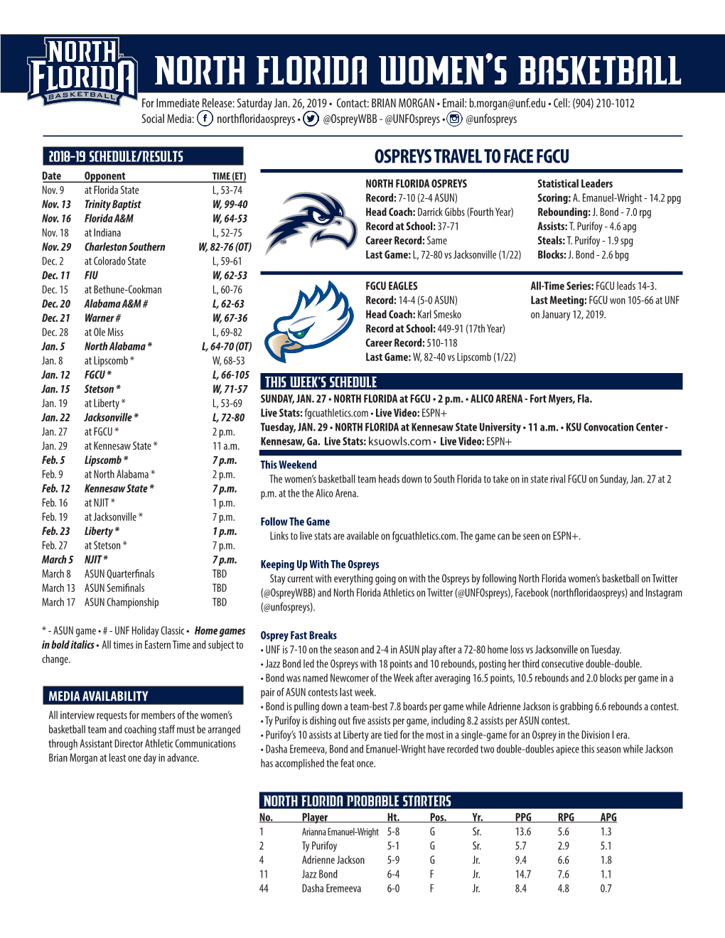 North Florida Women's Basketball North Florida Season Schedule/Results & Leaders (As of Jan 24, 2019) All Games