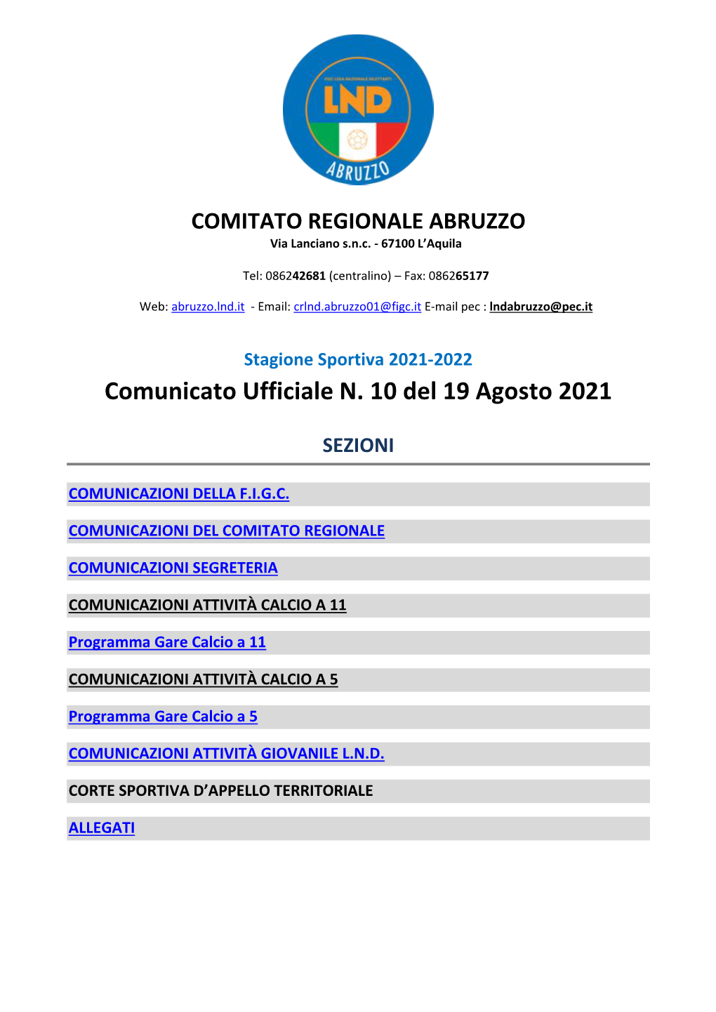 Comunicato Ufficiale N. 10 Del 19 Agosto 2021