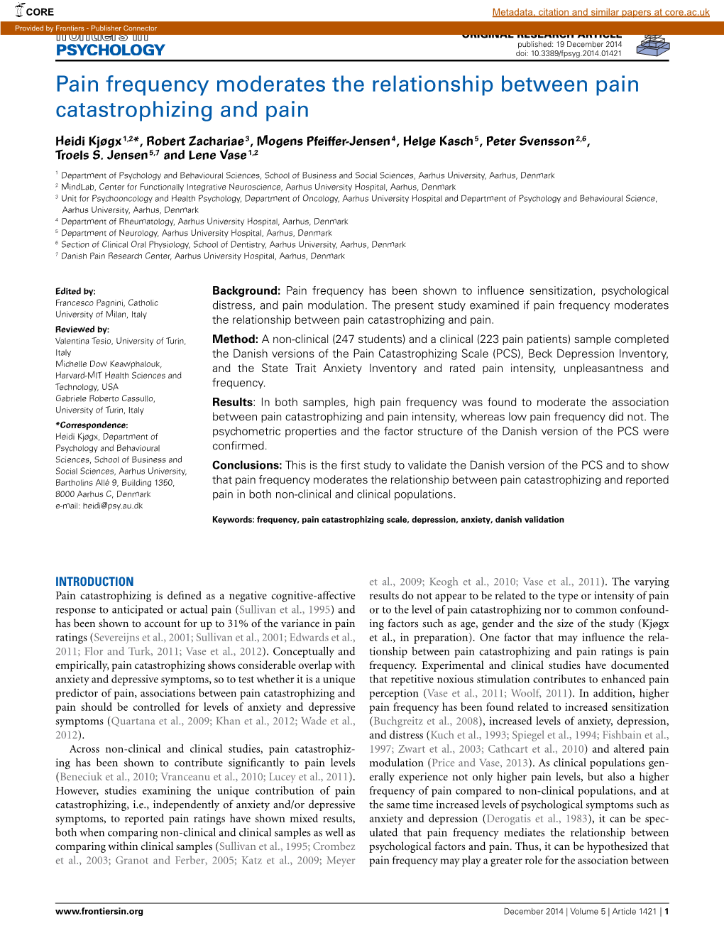 Pain Frequency Moderates the Relationship Between Pain Catastrophizing and Pain