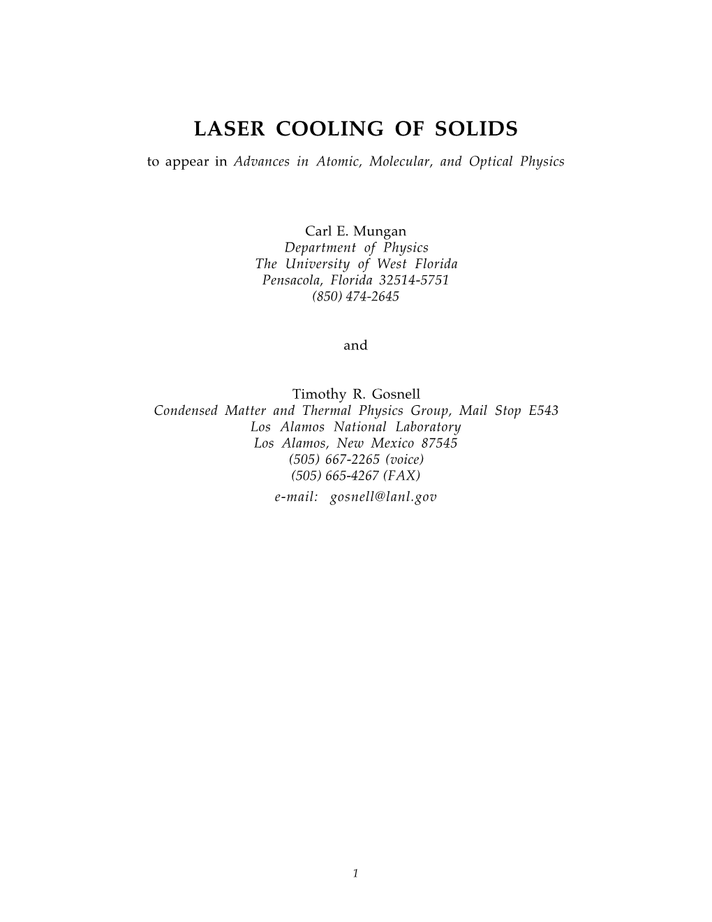 LASER COOLING of SOLIDS to Appear in Advances in Atomic, Molecular, and Optical Physics