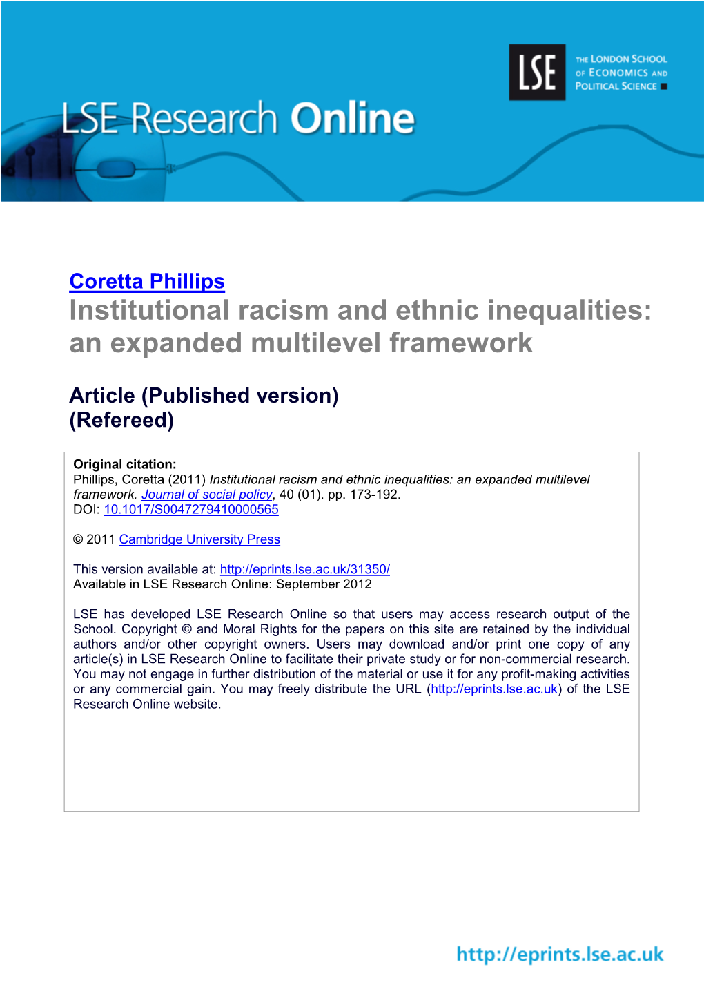 Institutional Racism and Ethnic Inequalities: an Expanded Multilevel Framework