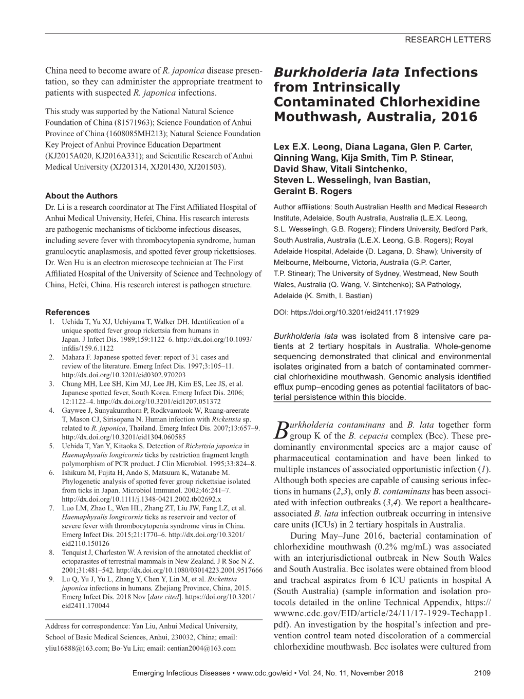 Burkholderia Lata Infections from Intrinsically Contaminated Chlorhexidine Mouthwash, Australia, 2016