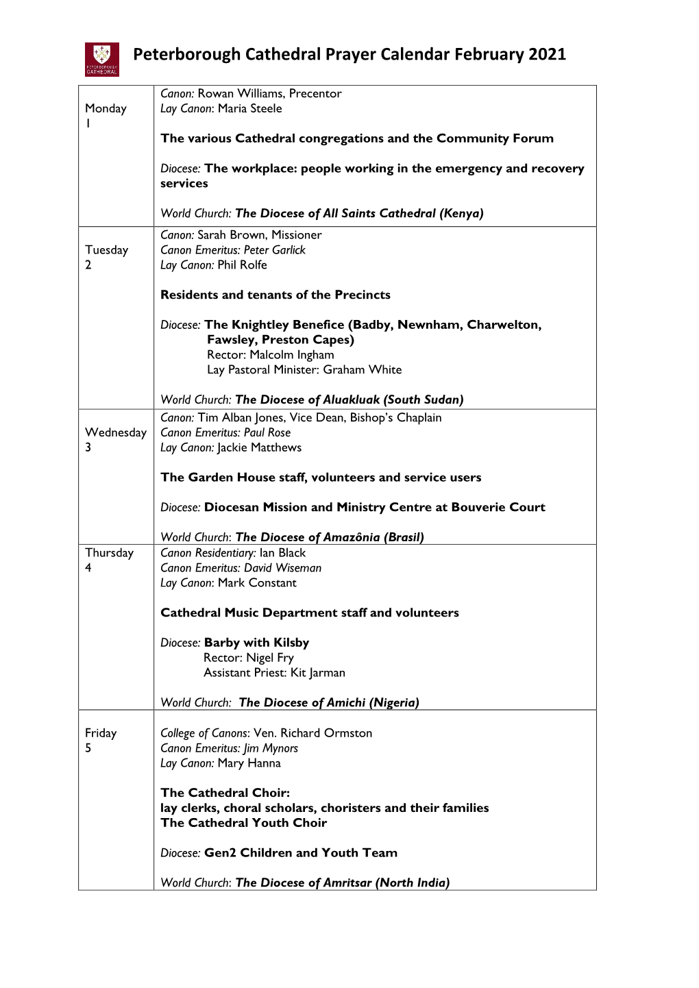 Peterborough Cathedral Prayer Calendar February 2021