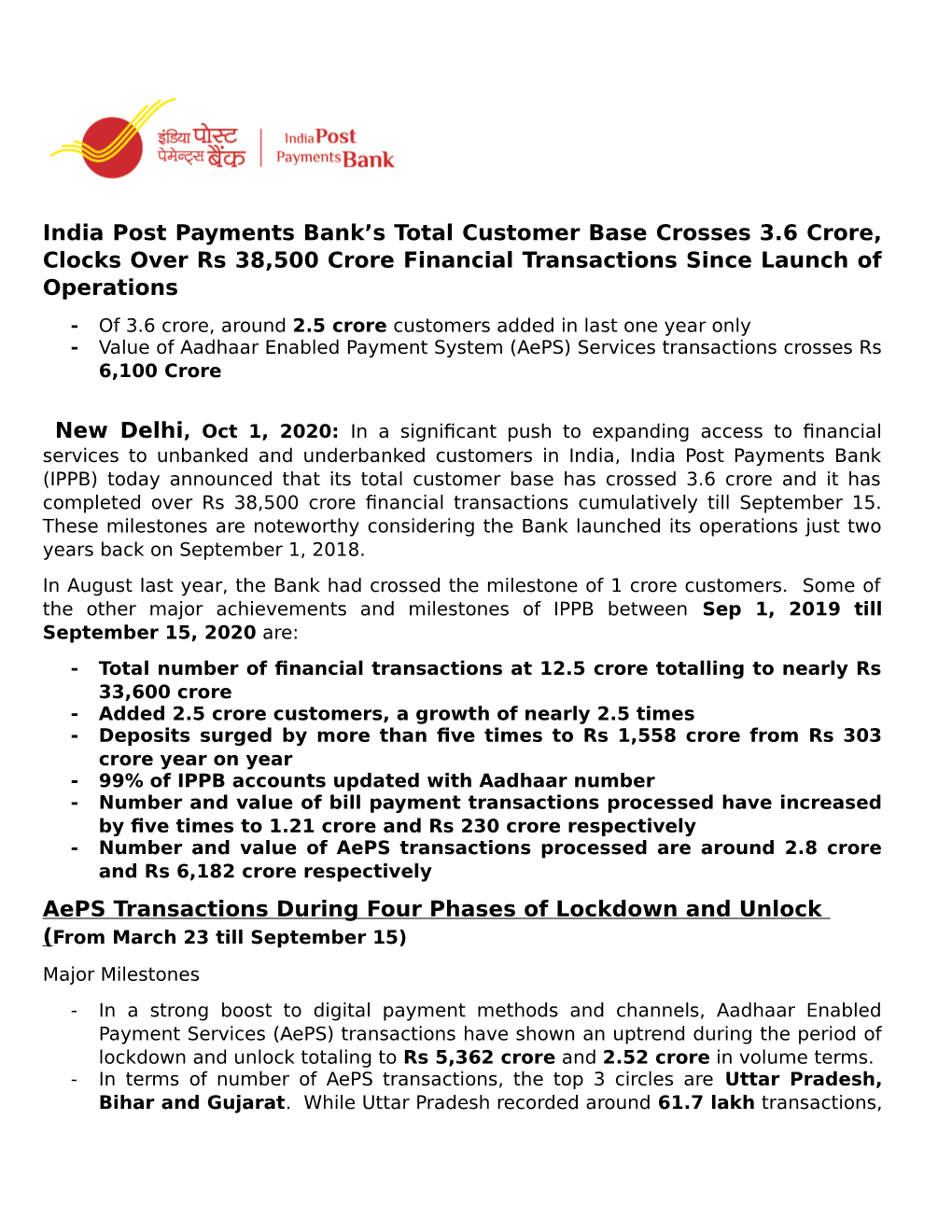 India Post Payments Bank's Total Customer Base Crosses 3.6 Crore