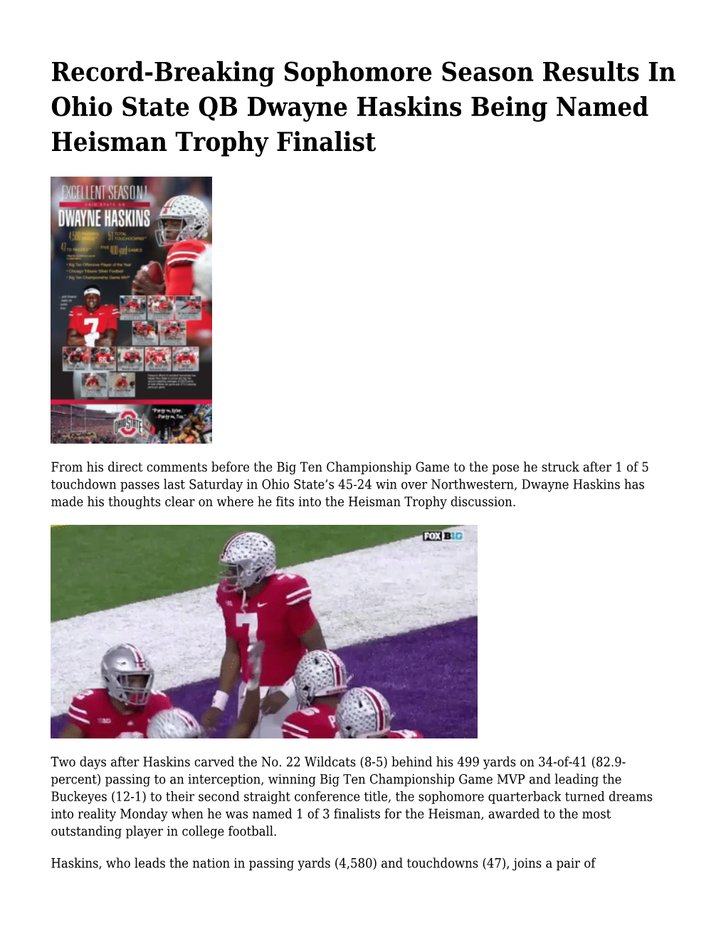 Record-Breaking Sophomore Season Results in Ohio State QB Dwayne Haskins Being Named Heisman Trophy Finalist