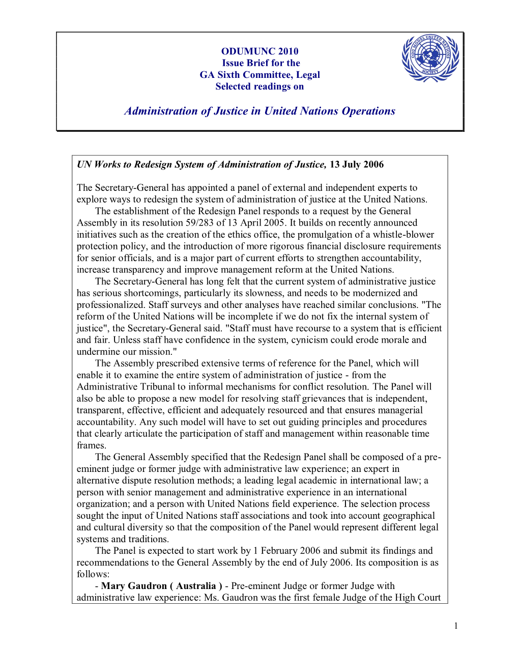 Issue Brief 2010, Administration of Justice in the UN