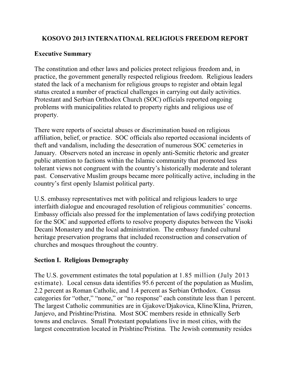 Kosovo 2013 International Religious Freedom Report