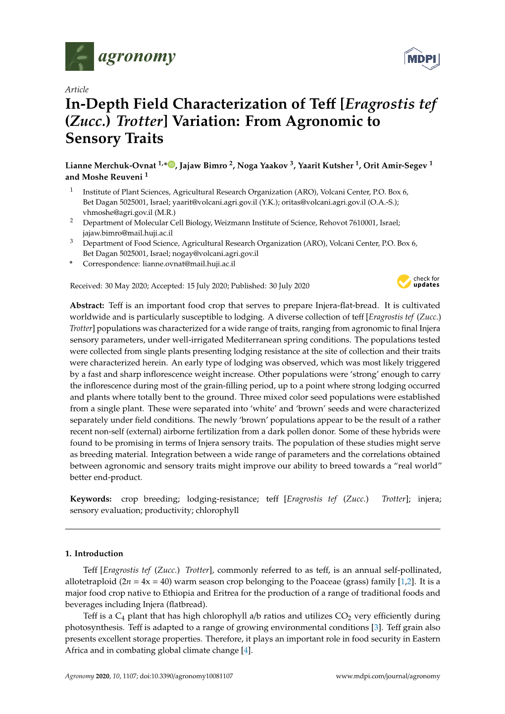 In-Depth Field Characterization of Teff [Eragrostis Tef (Zucc.) Trotter]