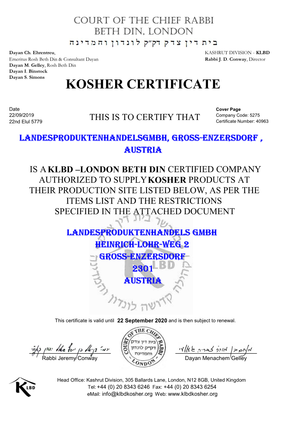 Kosher Certificate