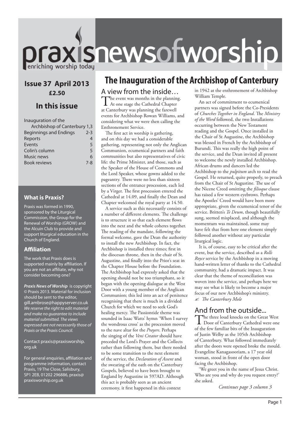 The Inauguration of the Archbishop of Canterbury £2.50 a View from the Inside… in 1942 at the Enthronement of Archbishop He Event Was Months in the Planning