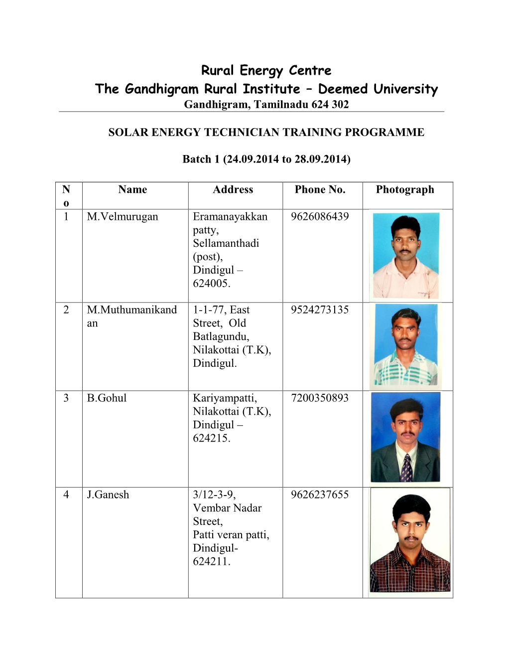 Rural Energy Centre the Gandhigram Rural Institute – Deemed University Gandhigram, Tamilnadu 624 302