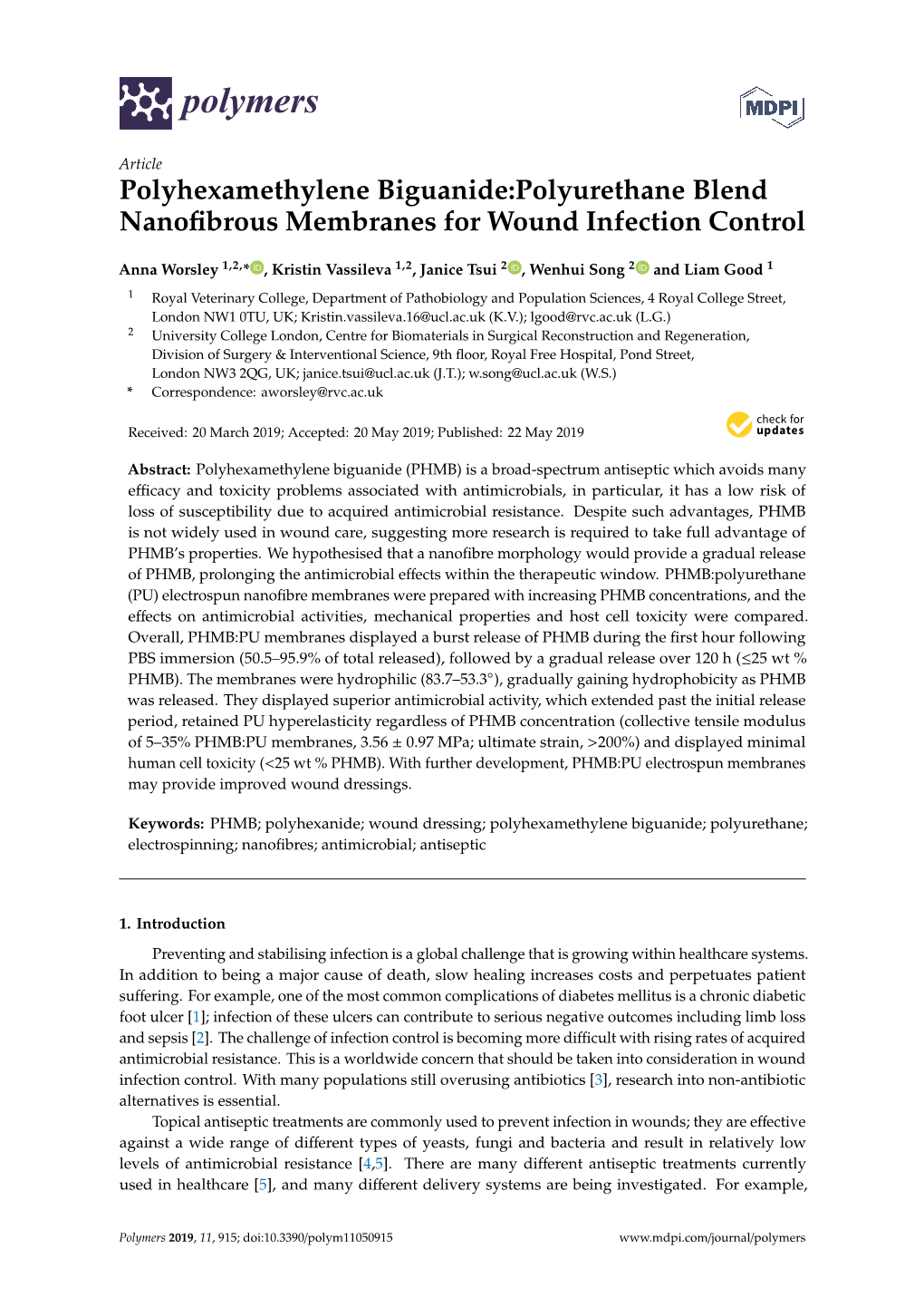 Polyhexamethylene Biguanide:Polyurethane Blend Nanoﬁbrous Membranes for Wound Infection Control