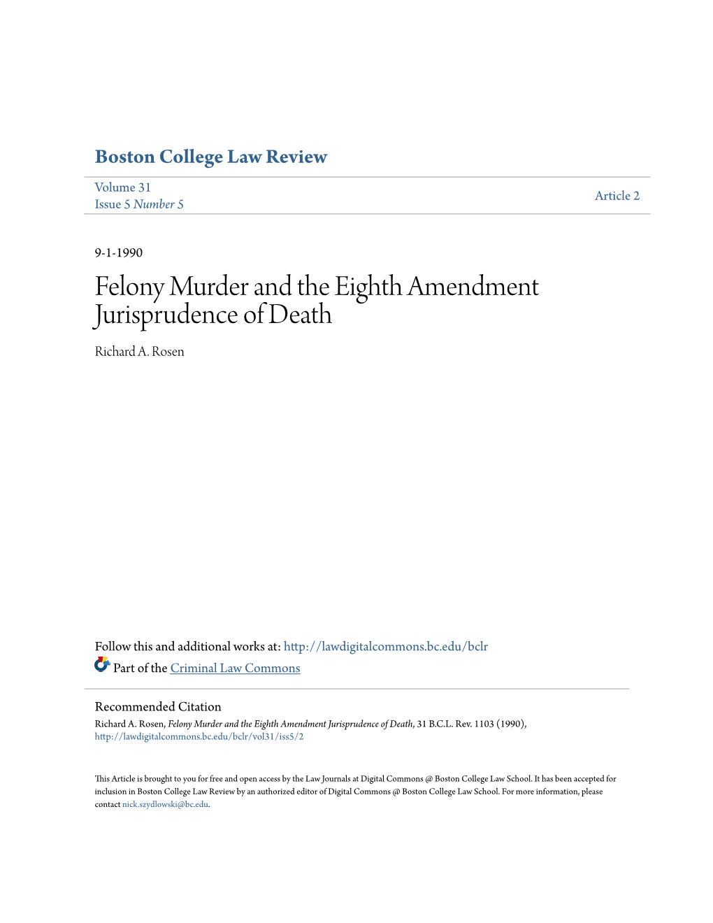 Felony Murder and the Eighth Amendment Jurisprudence of Death Richard A