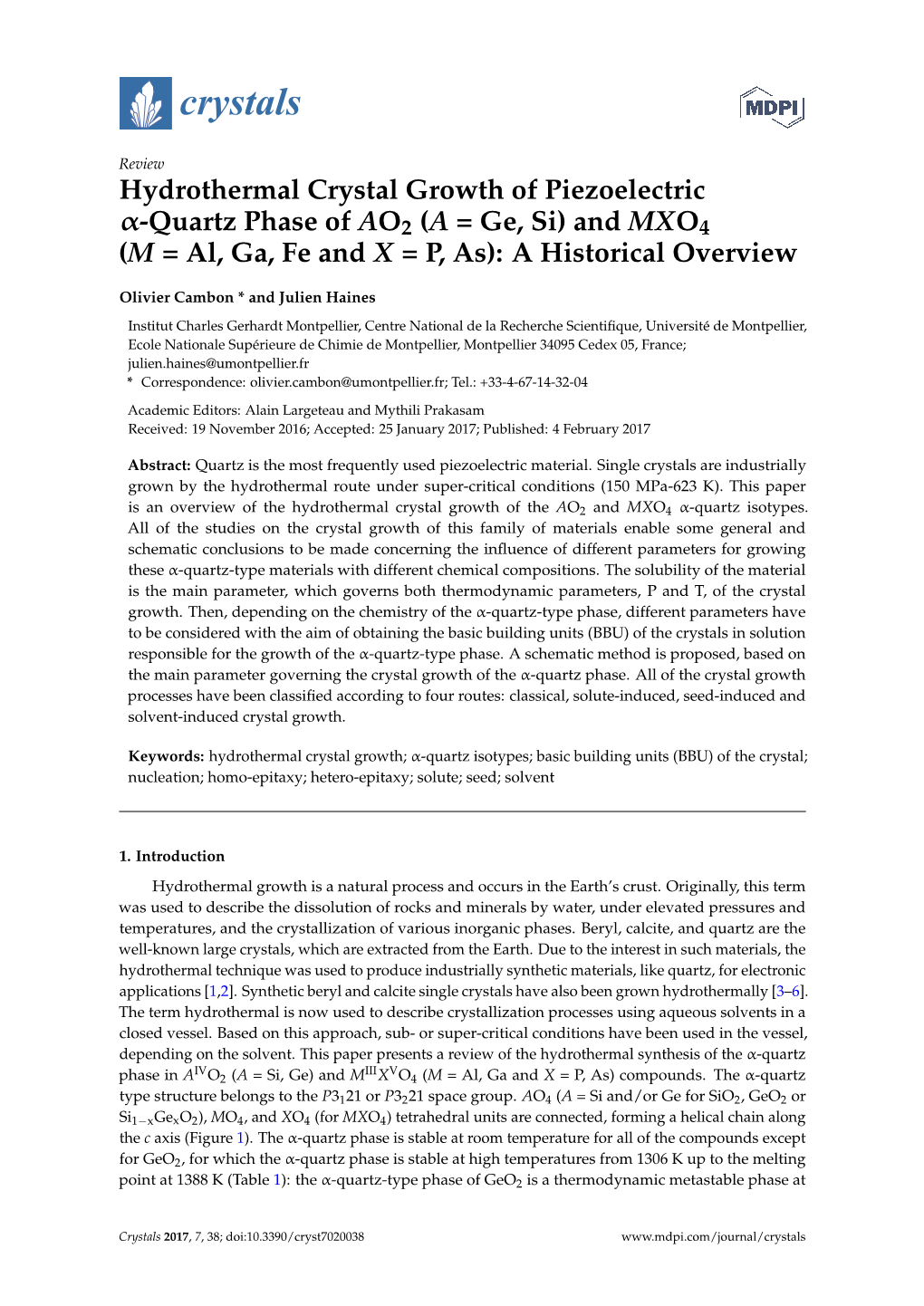 Hydrothermal Crystal Growth of Piezoelectric Α-Quartz Phase of AO2 (A = Ge, Si) and MXO4 (M = Al, Ga, Fe and X = P, As): a Historical Overview