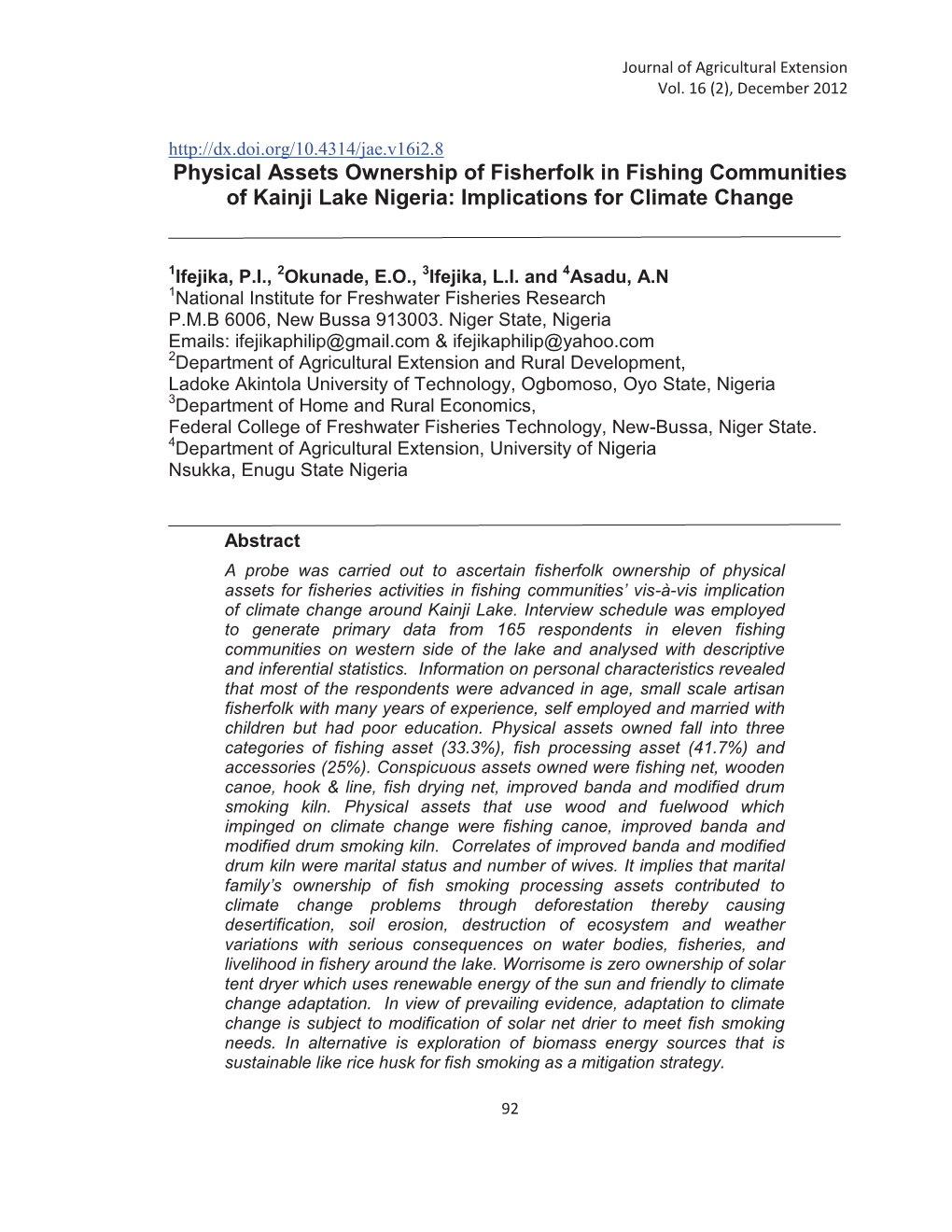 Physical Assets Ownership of Fisherfolk in Fishing Communities of Kainji Lake Nigeria: Implications for Climate Change