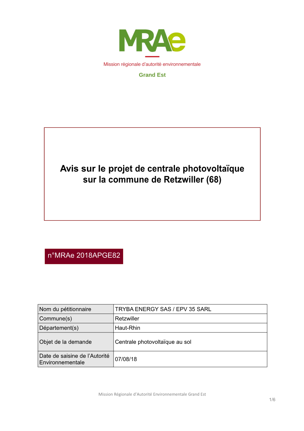 Avis Sur Le Projet De Centrale Photovoltaïque Sur La Commune De Retzwiller (68)