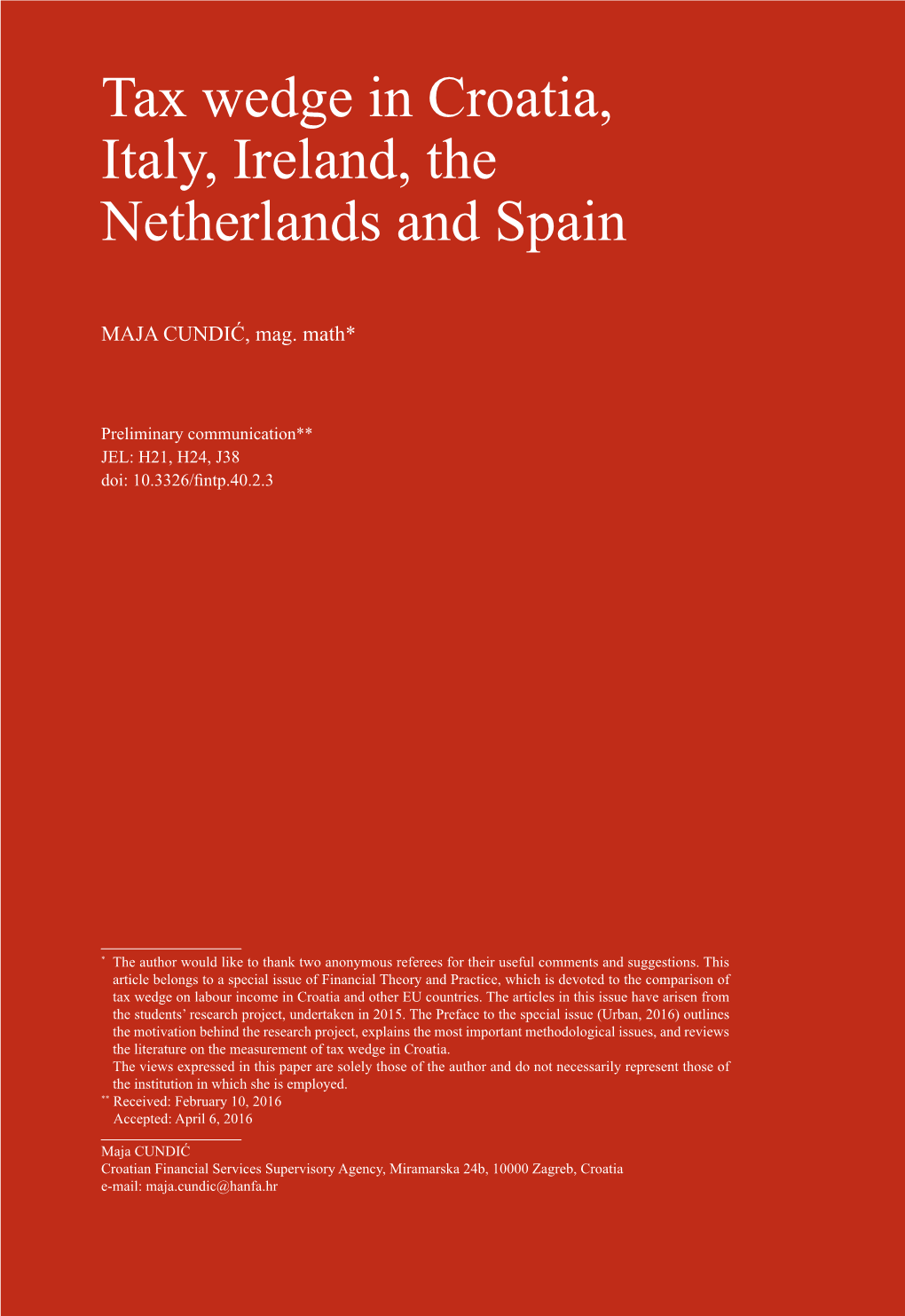 Tax Wedge in Croatia, Italy, Ireland, the Netherlands and Spain