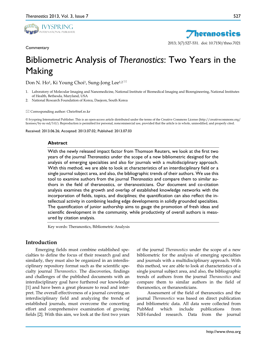 Bibliometric Analysis of Theranostics: Two Years in the Making Don N