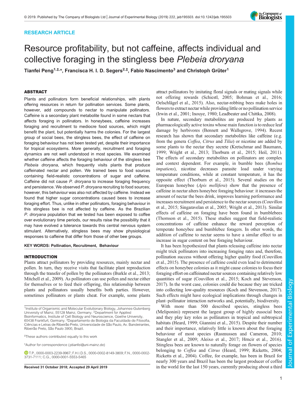 Resource Profitability, but Not Caffeine, Affects Individual and Collective Foraging in the Stingless Bee Plebeia Droryana Tianfei Peng1,‡,*, Francisca H