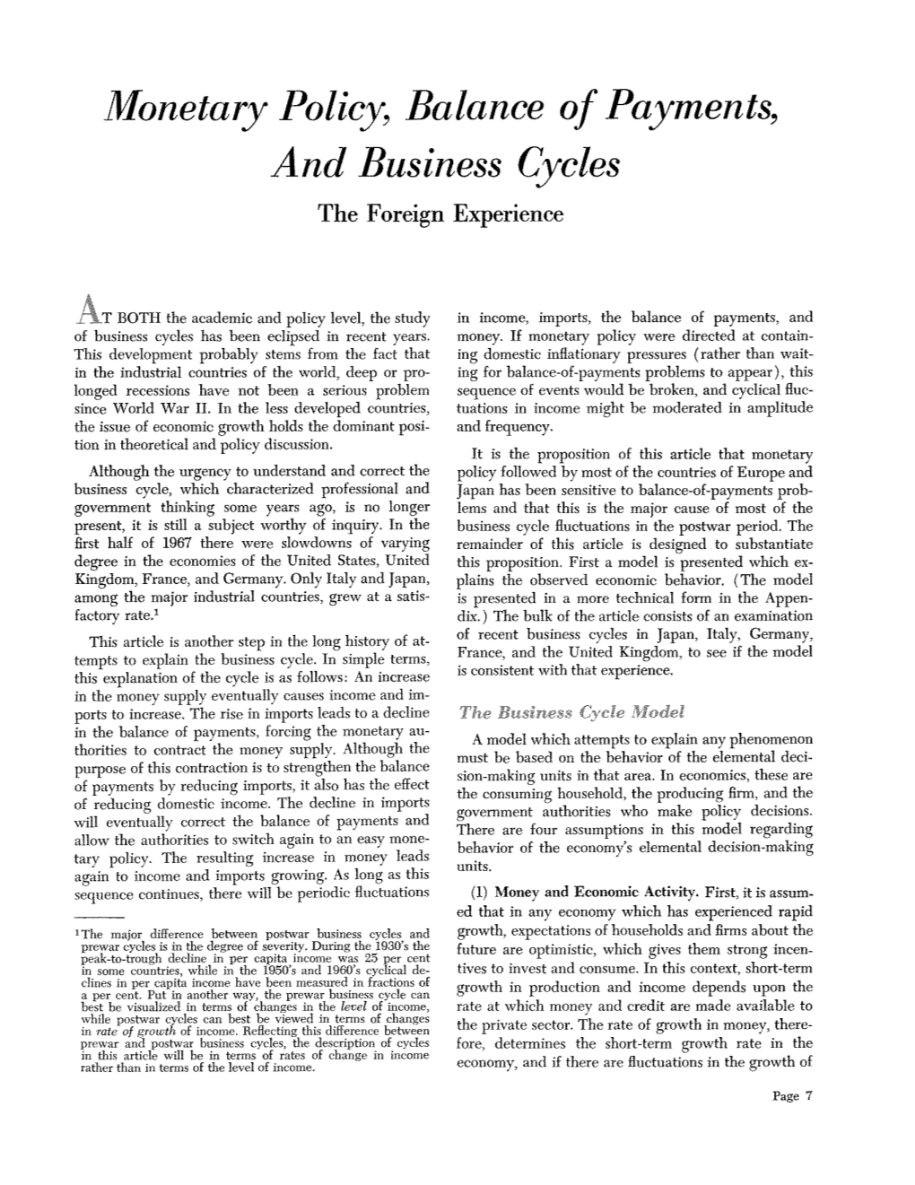 Monetary Policy, Balance of Payments, and Business Cycles: the Foreign