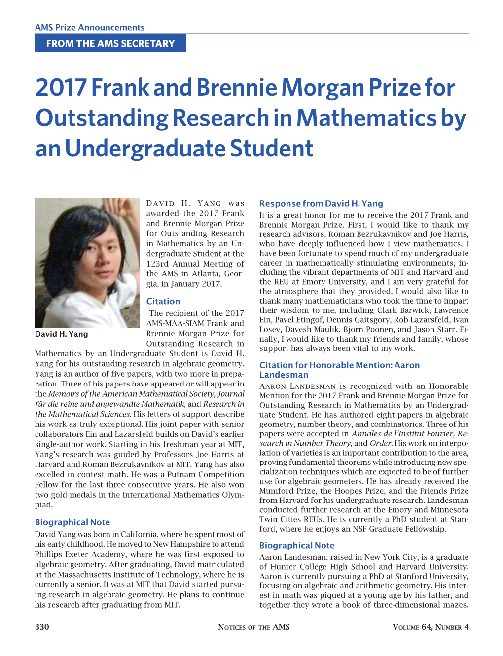 2017 Frank and Brennie Morgan Prize for Outstanding Research in Mathematics by an Undergraduate Student