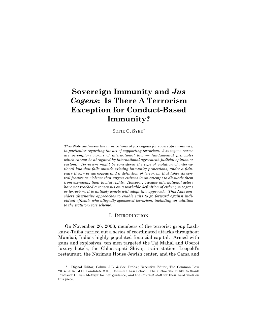 Sovereign Immunity and Jus Cogens: Is There a Terrorism Exception for Conduct-Based Immunity?