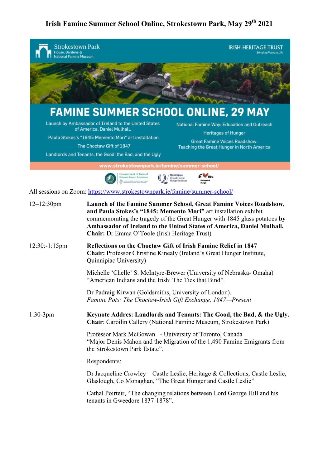 Irish Famine Summer School Online, Strokestown Park, May 29 2021
