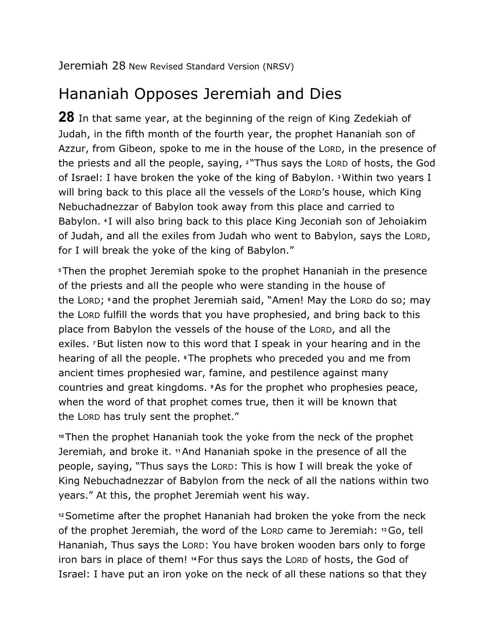 Hananiah Opposes Jeremiah and Dies