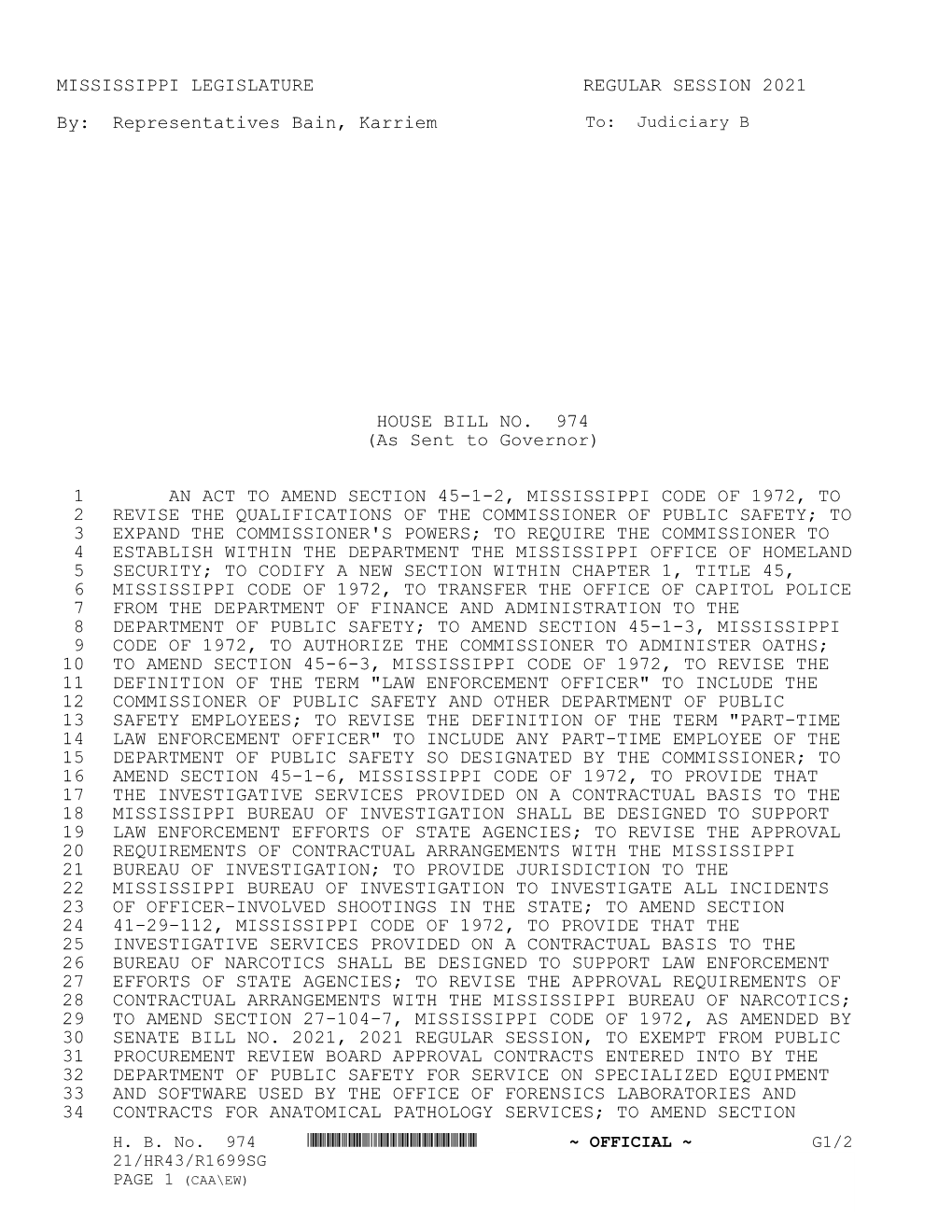 MISSISSIPPI LEGISLATURE REGULAR SESSION 2021 By