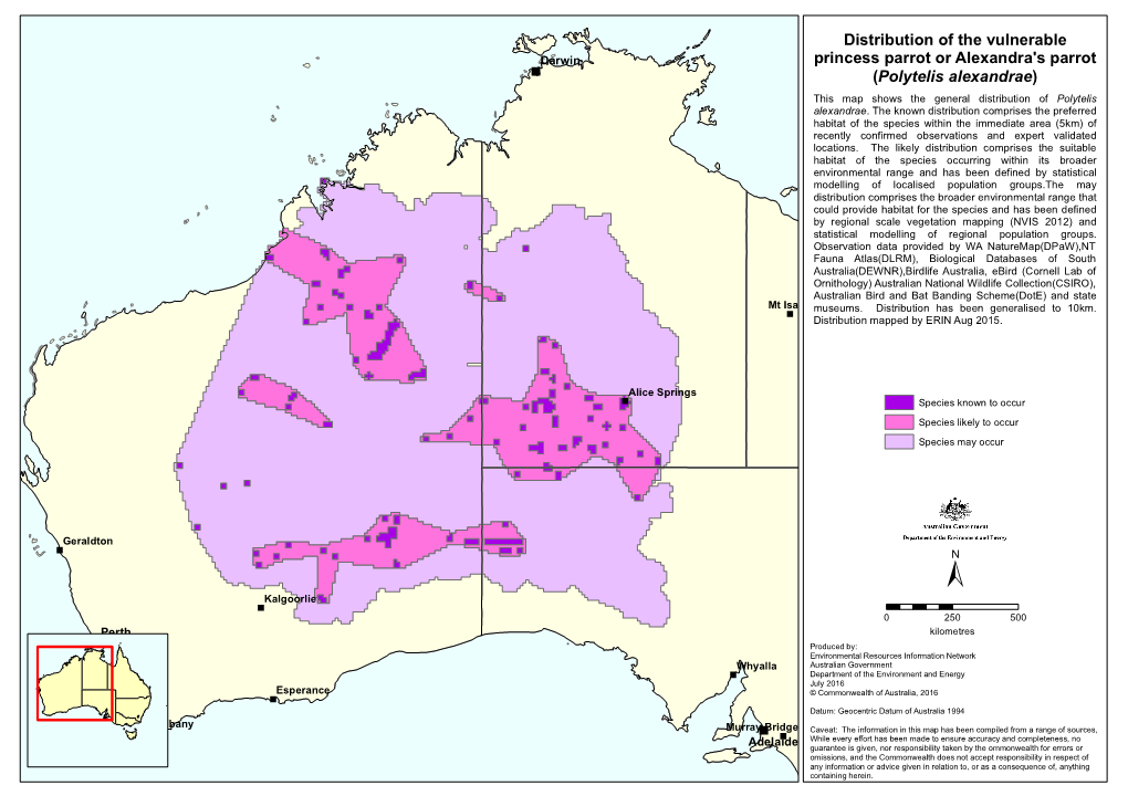 Distribution of the Vulnerable Princess Parrot Or Alexandra's Parrot