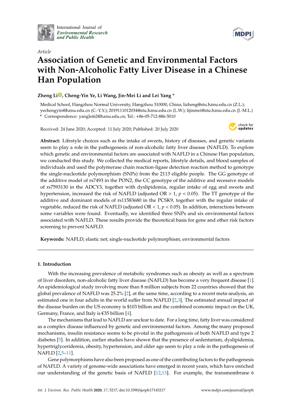 Association of Genetic and Environmental Factors with Non-Alcoholic Fatty Liver Disease in a Chinese Han Population