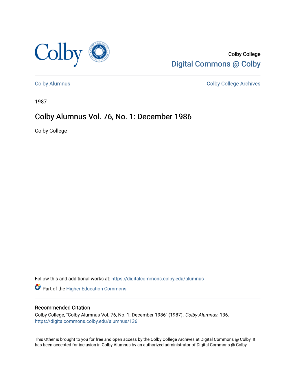 Colby Alumnus Vol. 76, No. 1: December 1986