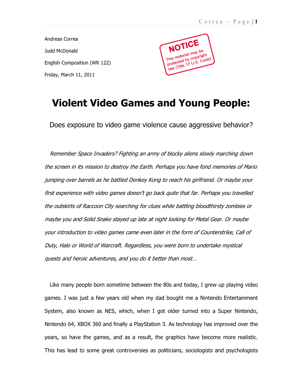 Violent Video Games and Young People