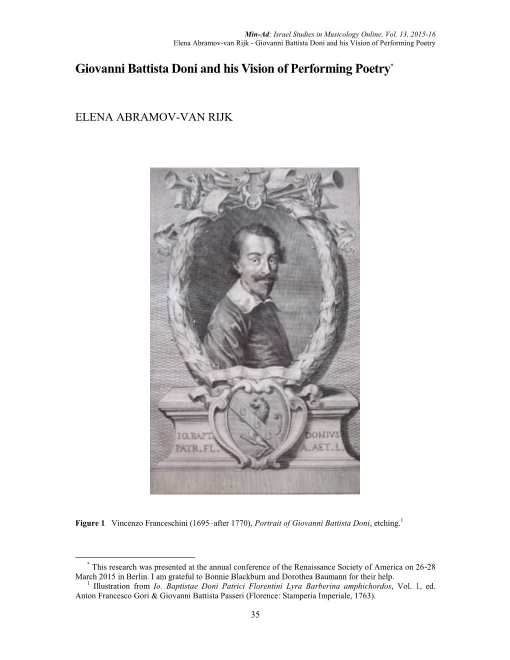 Giovanni Battista Doni and His Vision of Performing Poetry*
