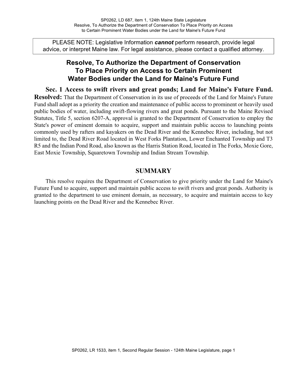 Resolve, to Authorize the Department of Conservation to Place Priority on Access to Certain Prominent Water Bodies Under the Land for Maine's Future Fund