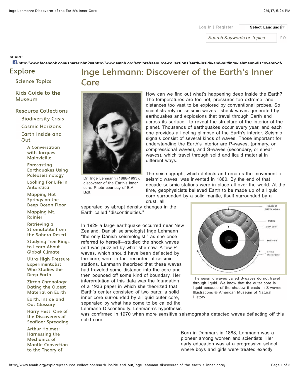 Inge Lehmann: Discoverer of the Earth's Inner Core 2/4/17, 5�24 PM