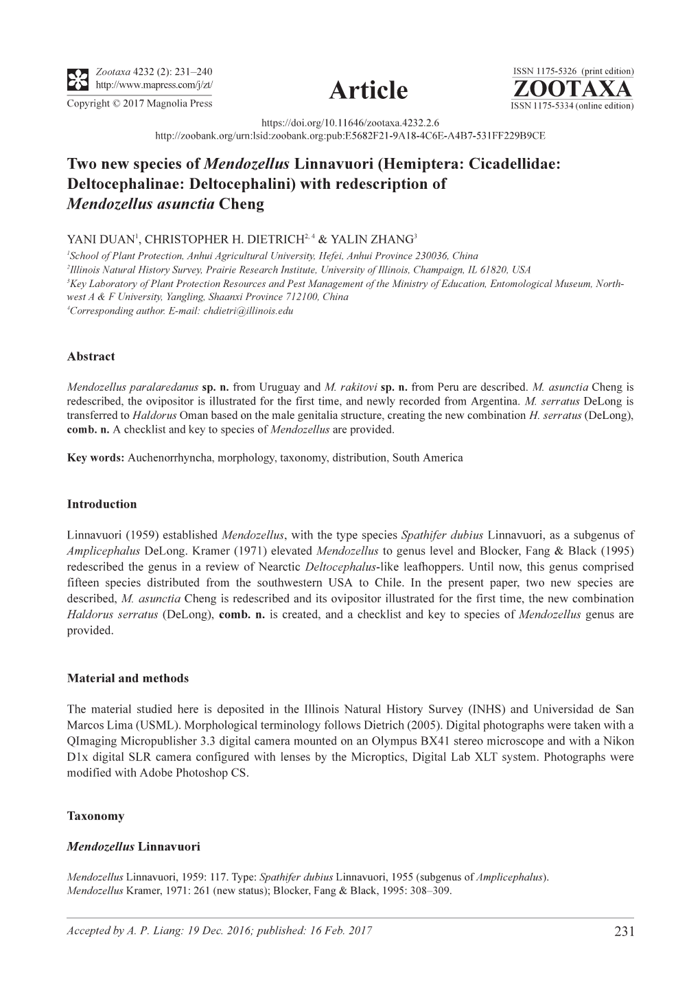 Two New Species of Mendozellus Linnavuori (Hemiptera: Cicadellidae: Deltocephalinae: Deltocephalini) with Redescription of Mendozellus Asunctia Cheng