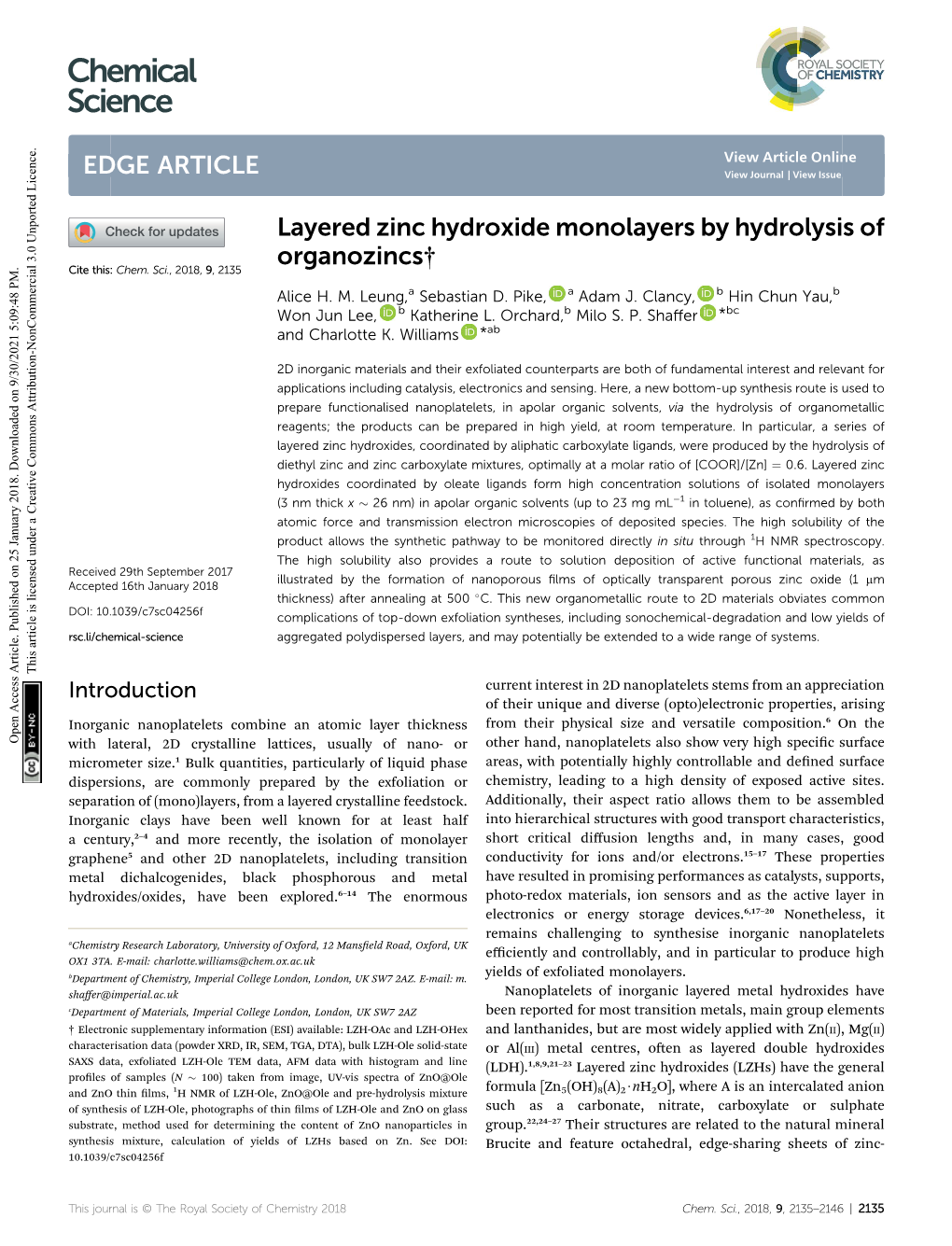 Layered Zinc Hydroxide Monolayers by Hydrolysis of Organozincs† Cite This: Chem