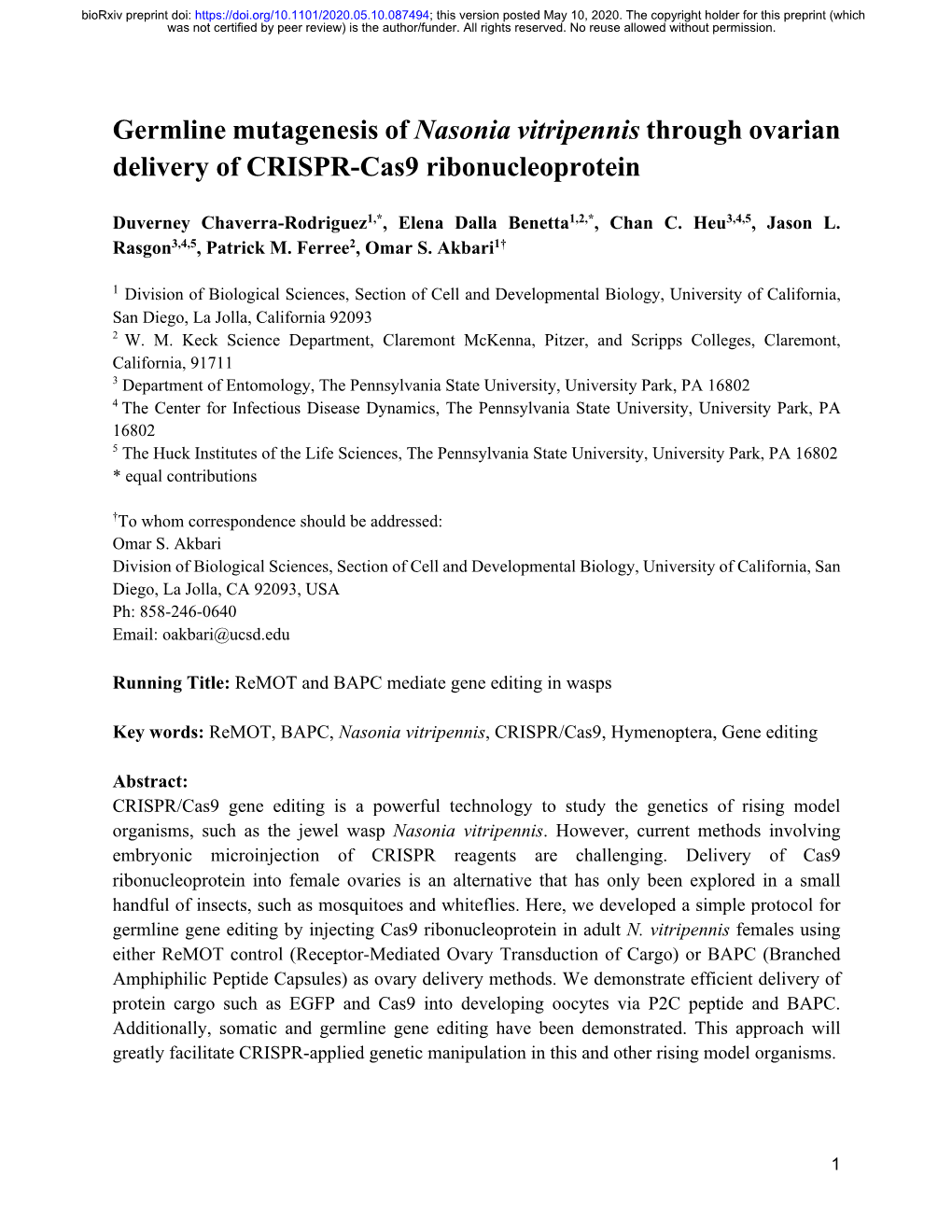 Germline Mutagenesis of Nasonia Vitripennis Through Ovarian Delivery of CRISPR-Cas9 Ribonucleoprotein