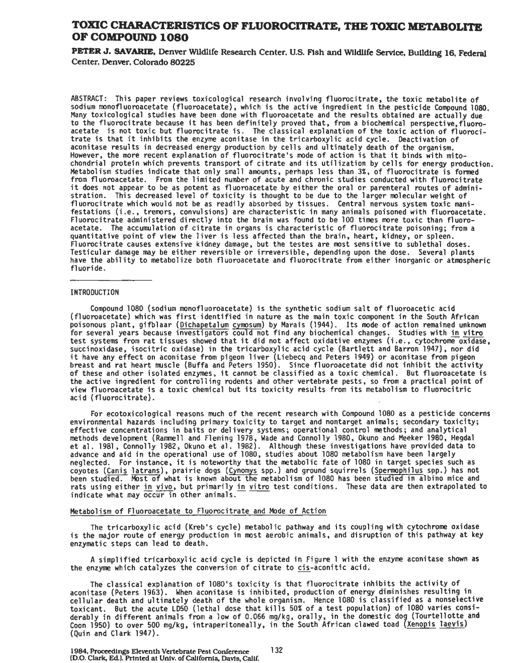 Toxic Characteristics of Fluorocitrate, the Toxic Metabolite of Compound 1080 Peter J, Savarje