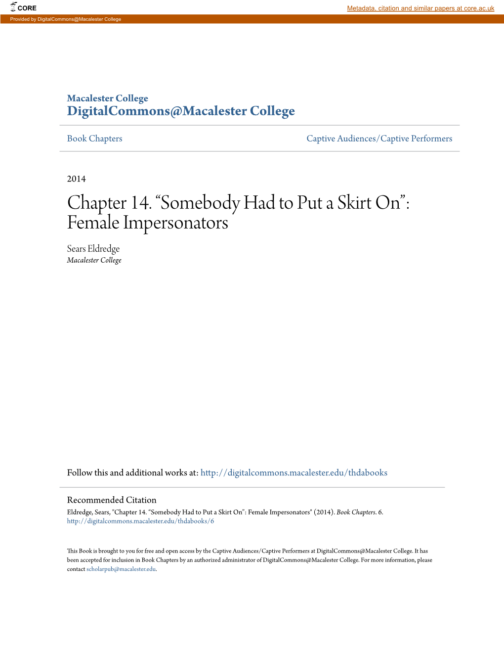 Chapter 14. “Somebody Had to Put a Skirt On”: Female Impersonators Sears Eldredge Macalester College