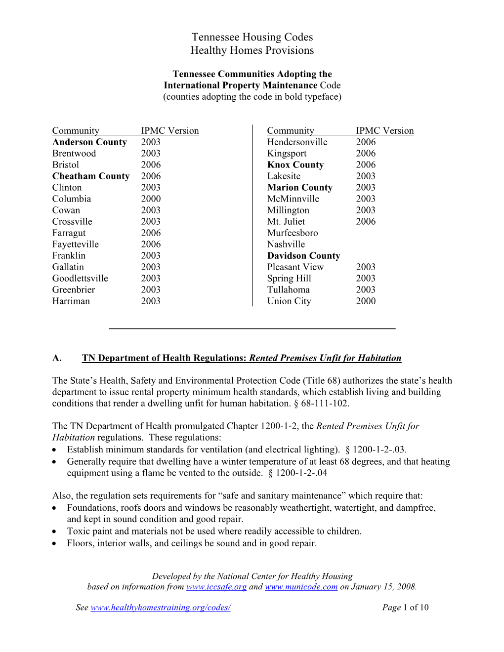 Tennessee Housing Codes Healthy Homes Provisions