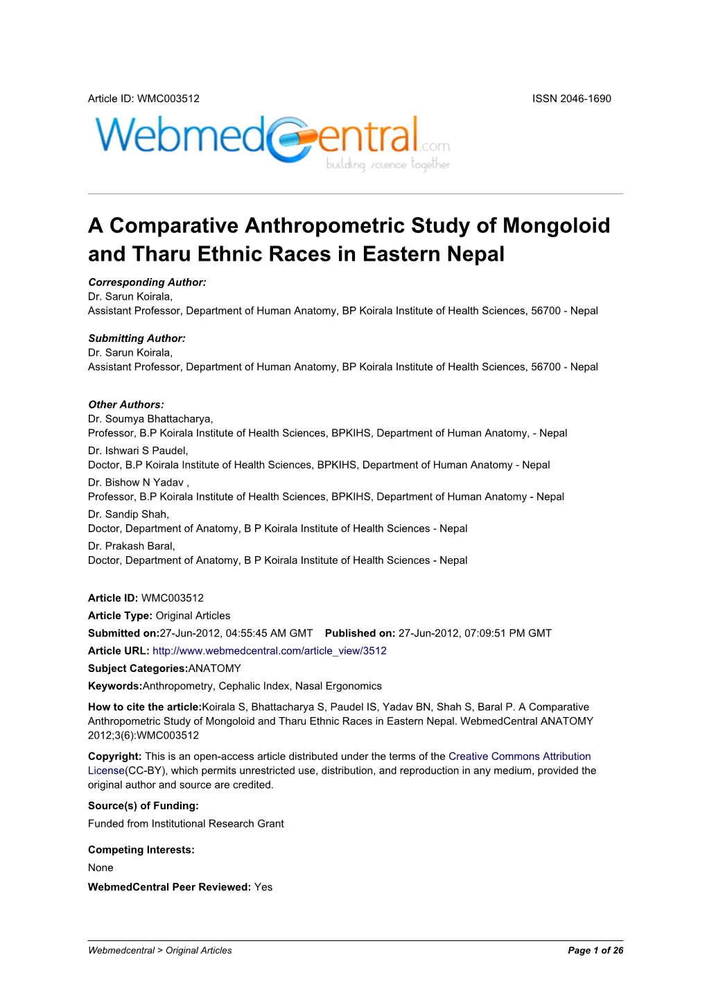A Comparative Anthropometric Study of Mongoloid and Tharu Ethnic Races in Eastern Nepal