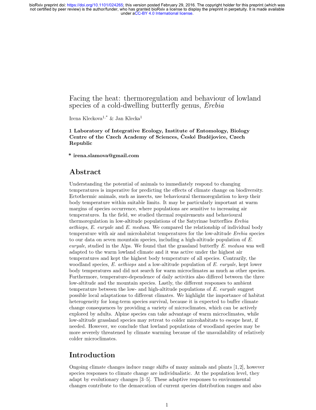 Thermoregulation and Behaviour of Lowland Species of a Cold-Dwelling Butterfly Genus, Erebia