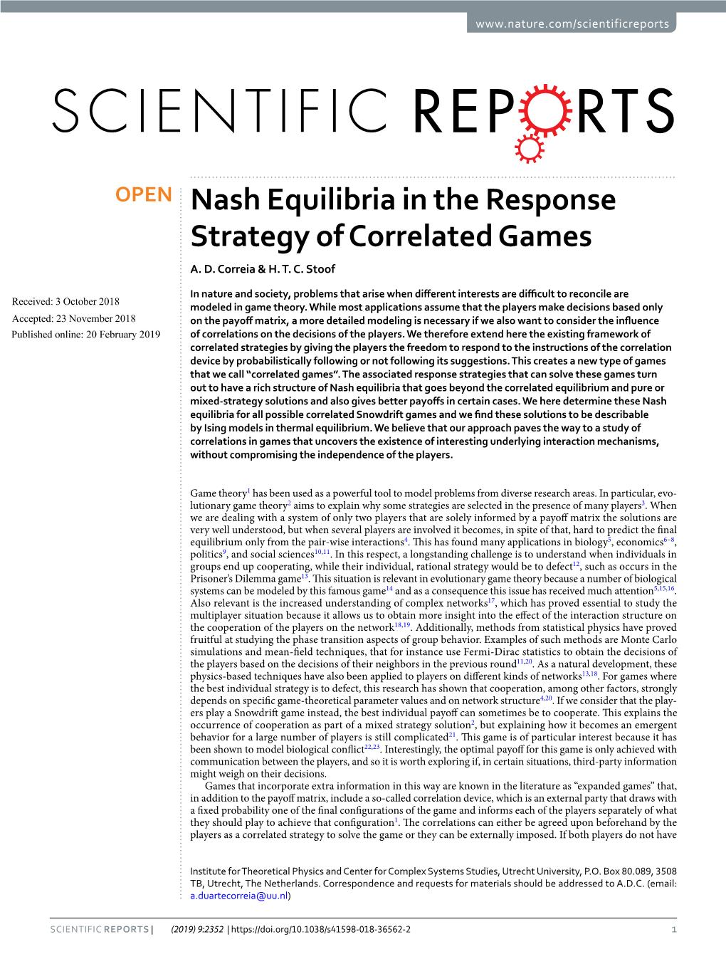 Nash Equilibria in the Response Strategy of Correlated Games A