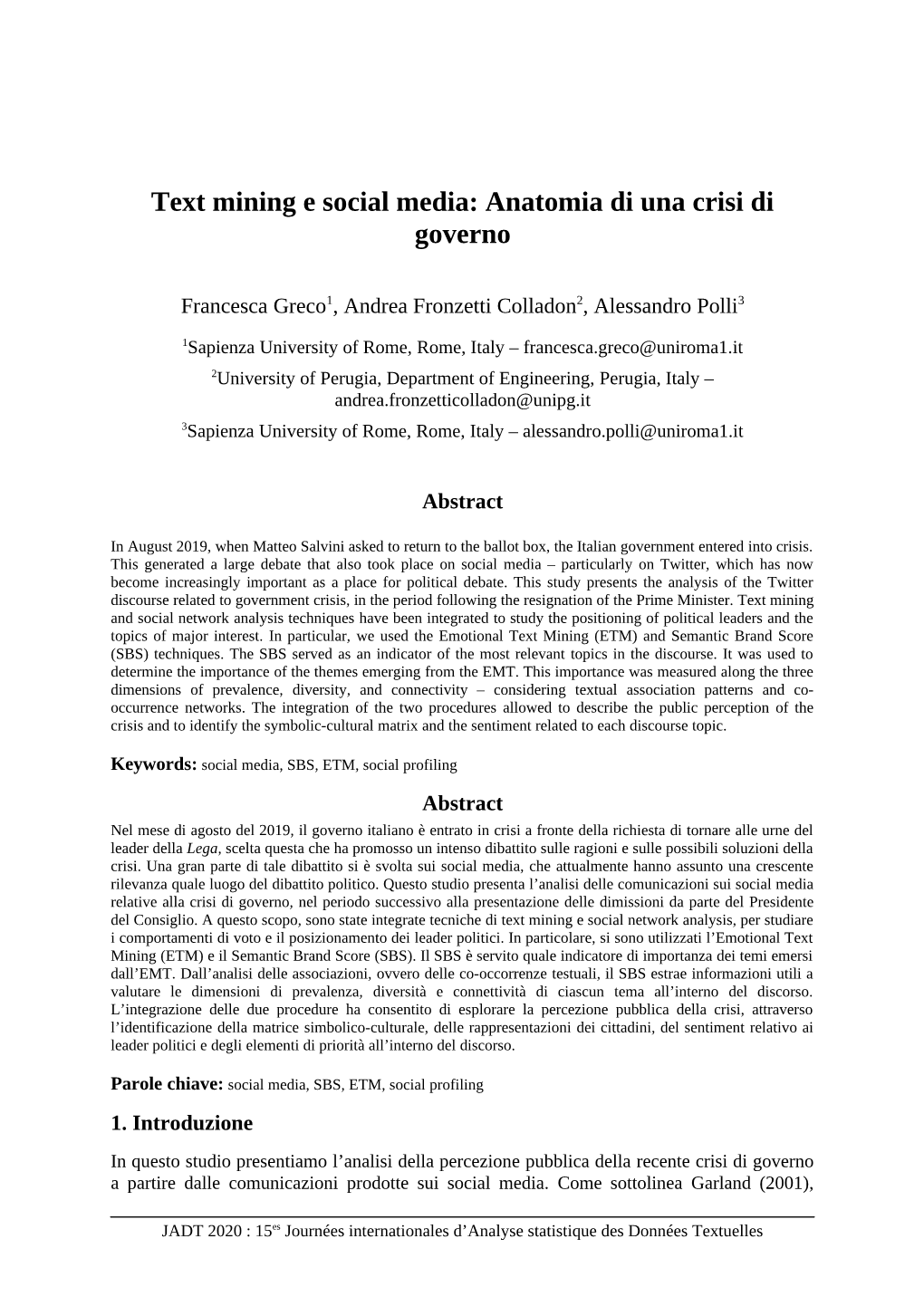 Text Mining E Social Media: Anatomia Di Una Crisi Di Governo