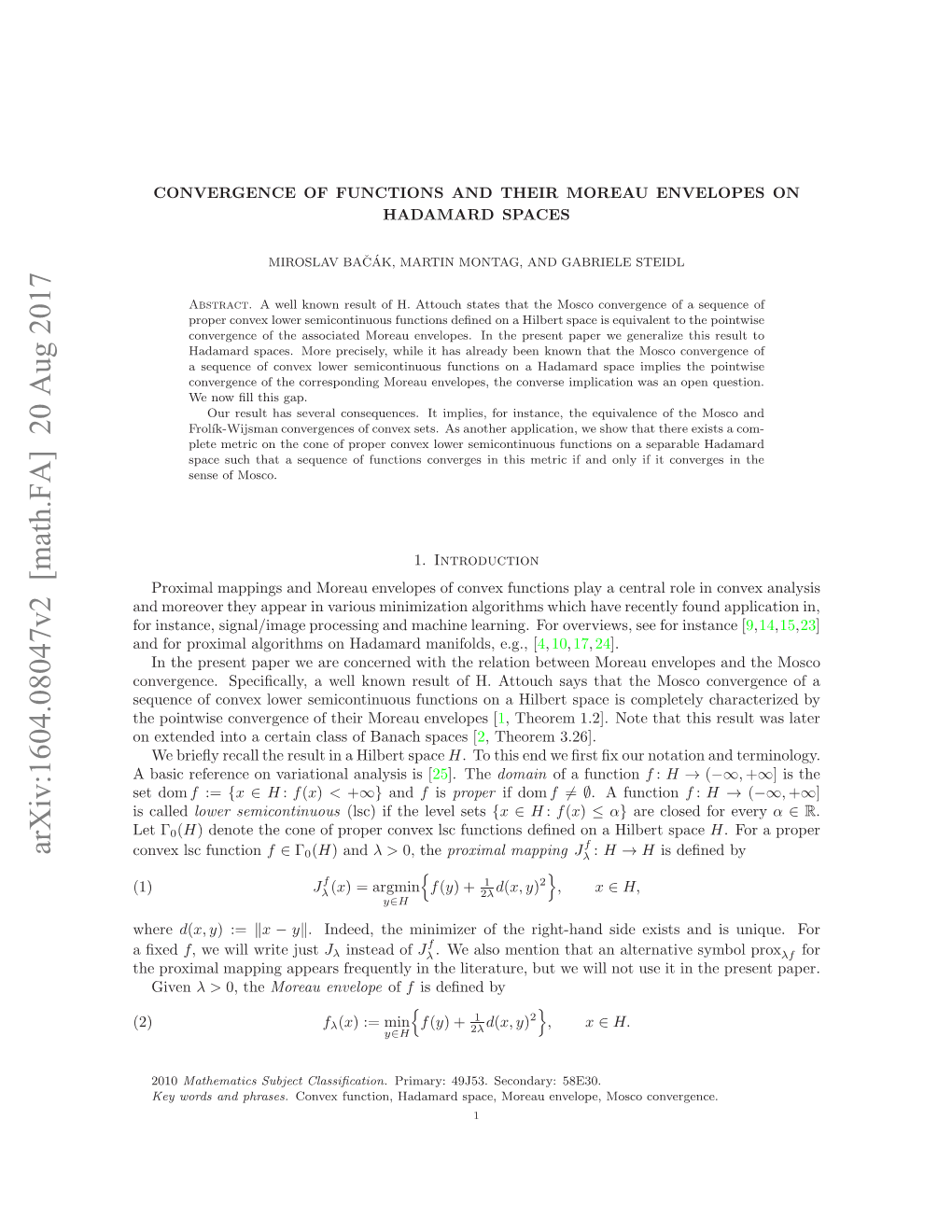 Convergence of Functions and Their Moreau Envelopes on Hadamard Spaces 3
