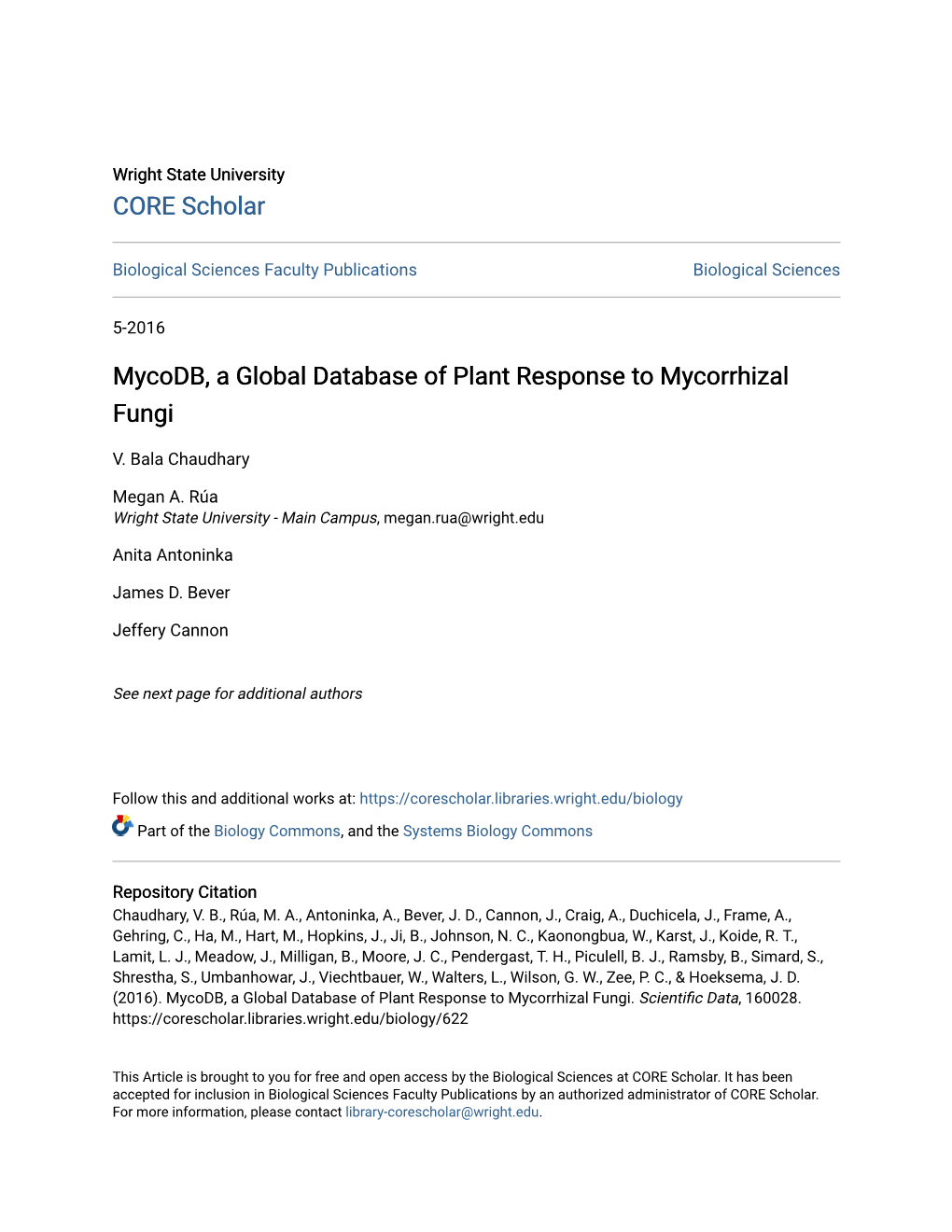Mycodb, a Global Database of Plant Response to Mycorrhizal Fungi